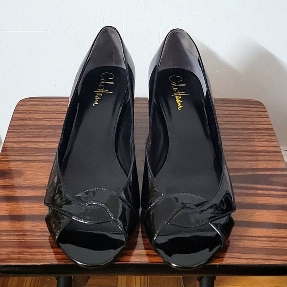 NEW Cole Haan Open Toe Wedge - Black Patent Leather - Size 7.5